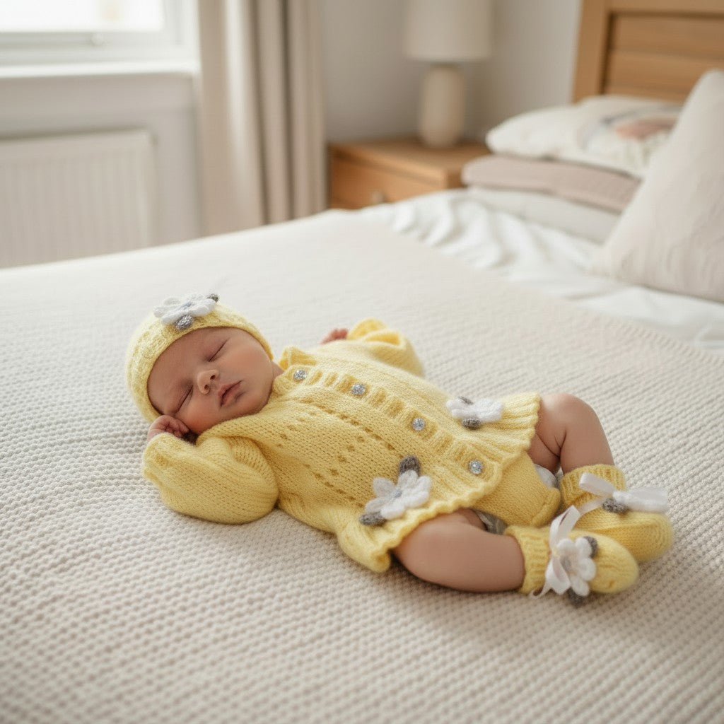 Baby Girl Fluted Hem Cardigan with hat, headband and boots, Flower & leaf Trim