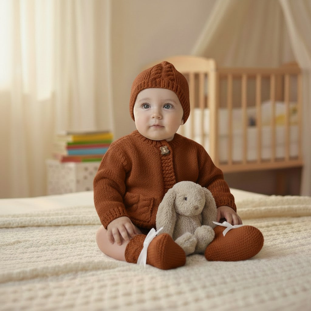 Boys' Cable Design Knitted Cardigan with Matching Hat and Boots – Classic Baby Boy Sweater Set