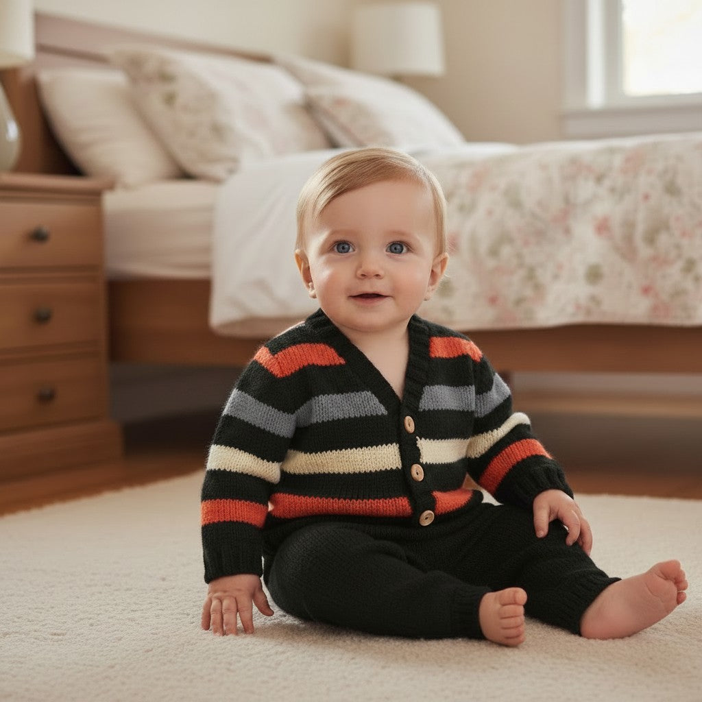 Bright and Bold Boys' Knitted V-Neck Cardigan – Colorful Design with Wooden Buttons