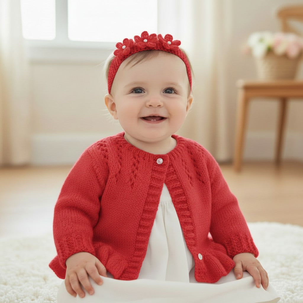 Hand Knitted Pearl-Trimmed Girls Cardigan with Matching Headband – Perfect for Christenings
