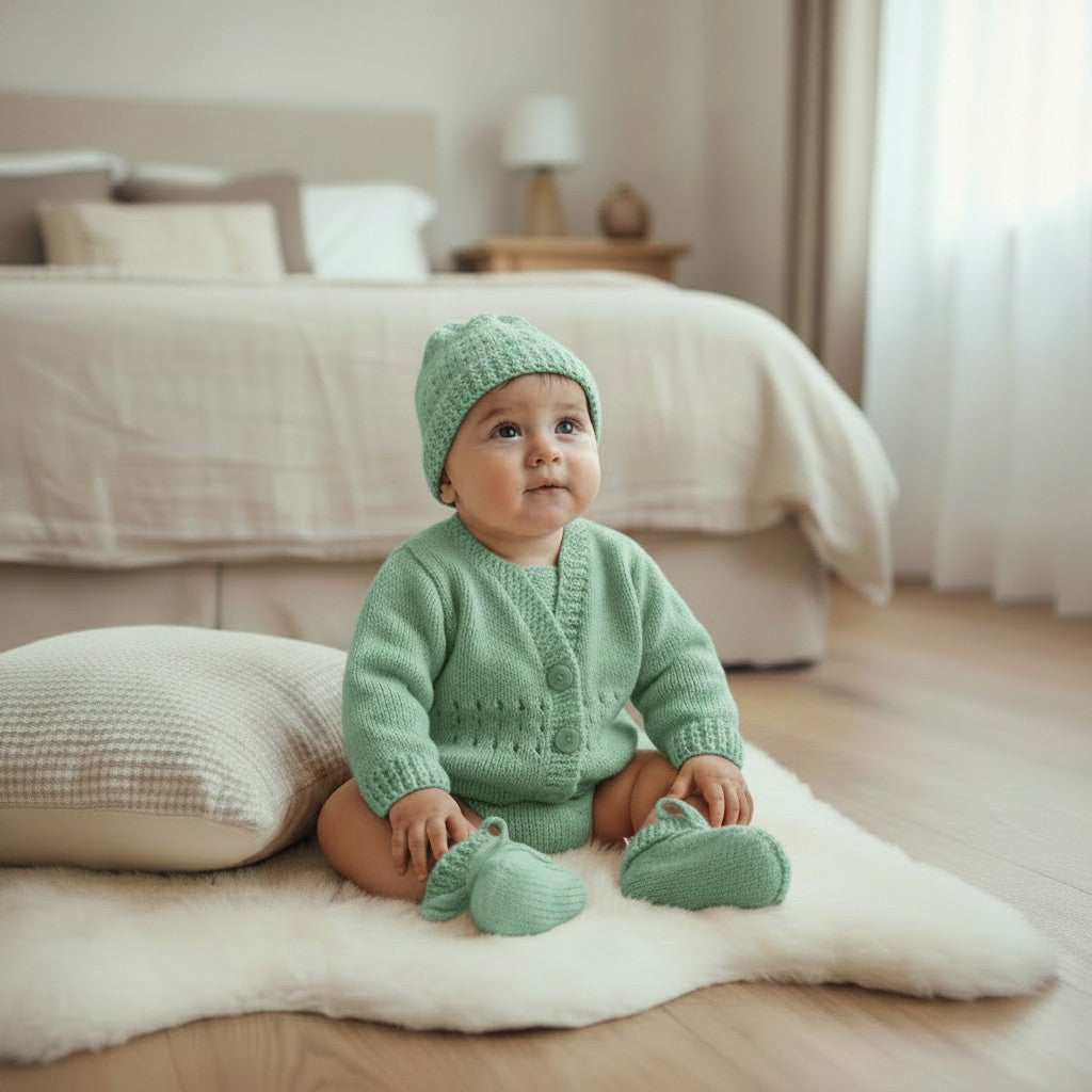 Hand-Knitted 4-Piece Coming Home Outfit in Gender Neutral Colors – Made to Order