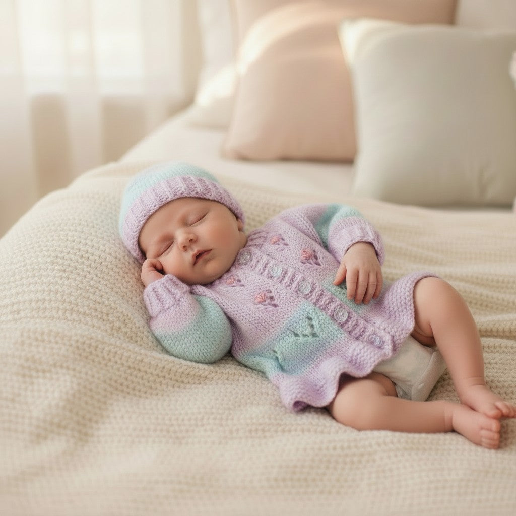 Hand Knitted Girls Cardigan & matching hat in pastel rainbow colours