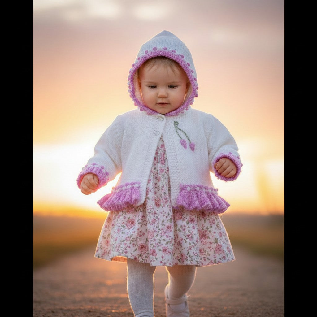 Pretty Baby Girl Hoodie – Frilly Knit Design with Flower Embroidery