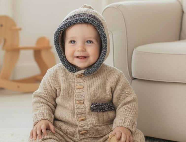 Boys' Plush-Trimmed Knitted Hoodie with Matching Ugg Boots – Cozy Baby Hoodie Set
