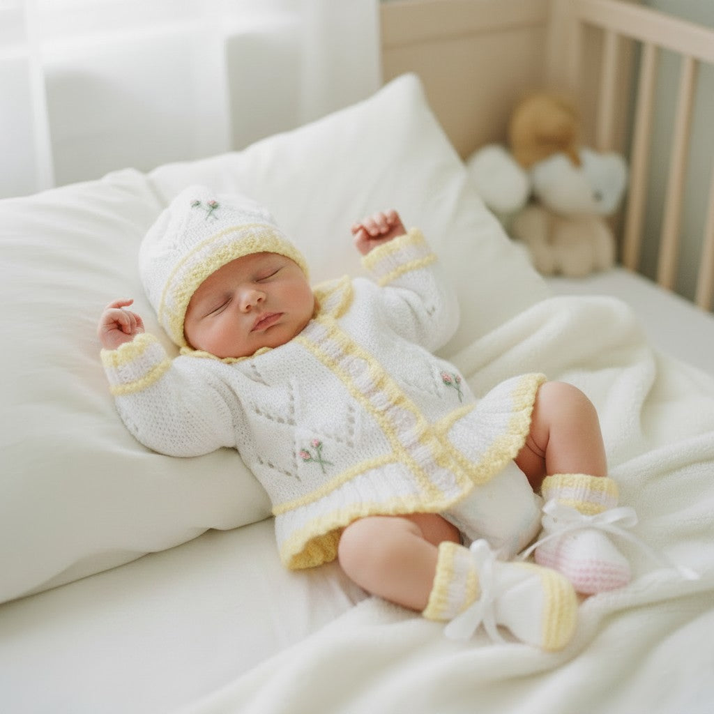 Frilly Baby Girl Cardigan with Beautiful Embroidery – Matching Hat, Mittens, and Boots Set