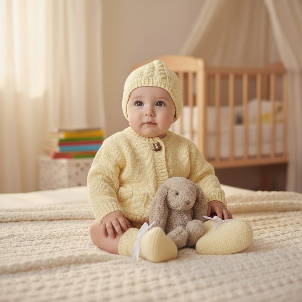 Boys' Cable Design Knitted Cardigan with Matching Hat and Boots – Classic Baby Boy Sweater Set