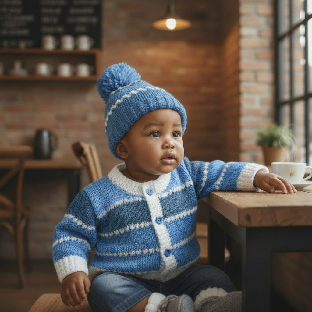 Boys' Knitted Ombre Cardigan Set – Hand-Knitted Cardigan, Hat, & Boots