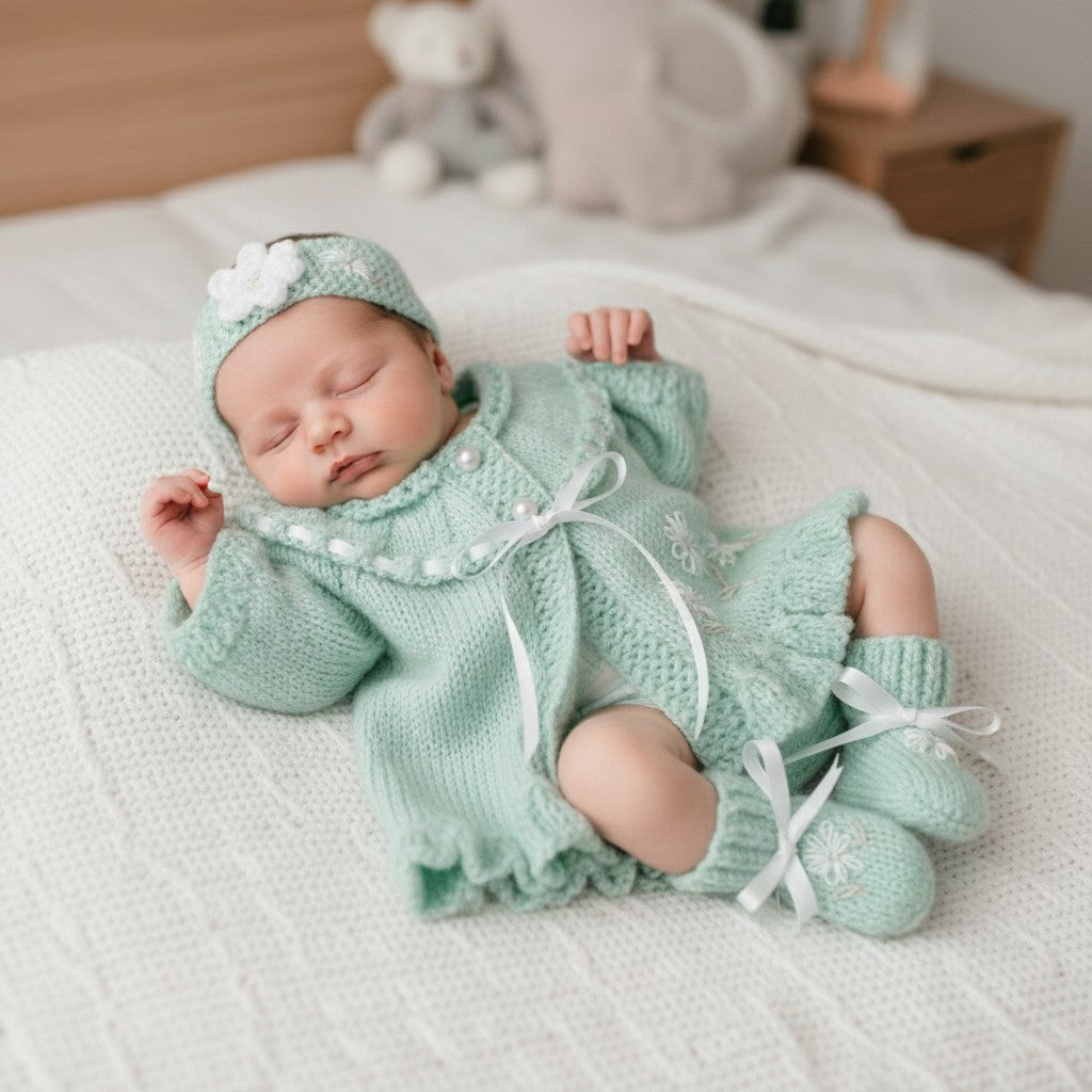 Beautiful Baby Girl Yoke Cardigan with Coordinated Headband & Booties