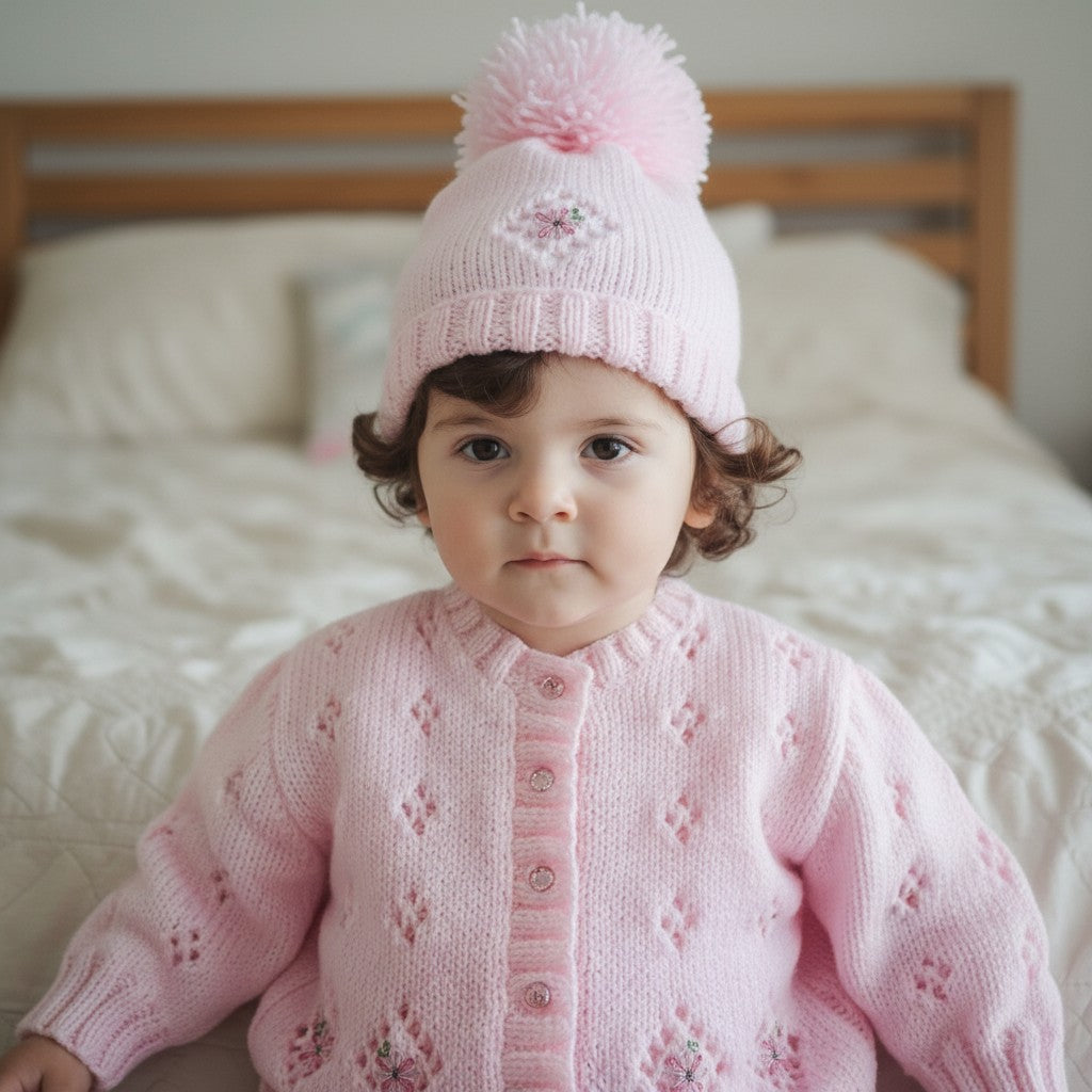 Girls knitted cardigan with diamond lacy design and embroidery
