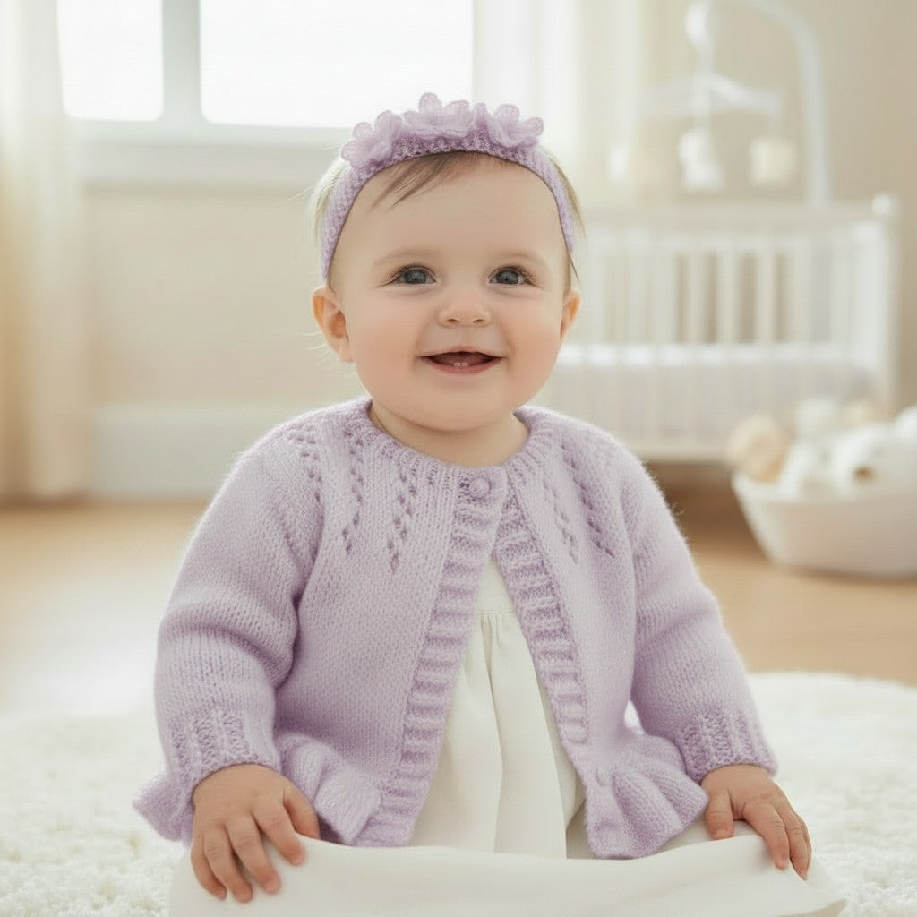 Hand Knitted Pearl-Trimmed Girls Cardigan with Matching Headband – Perfect for Christenings