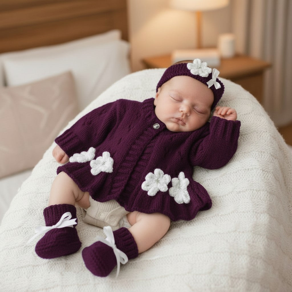 Hand-Knitted Baby Girl Cardigan with Fluted Hem & Flower trim with headband and booties