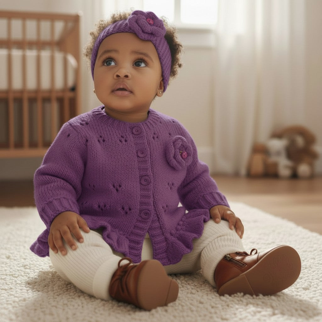 Hand Knitted Girls Cardigan & matching headband knitted flower & ladybird trim