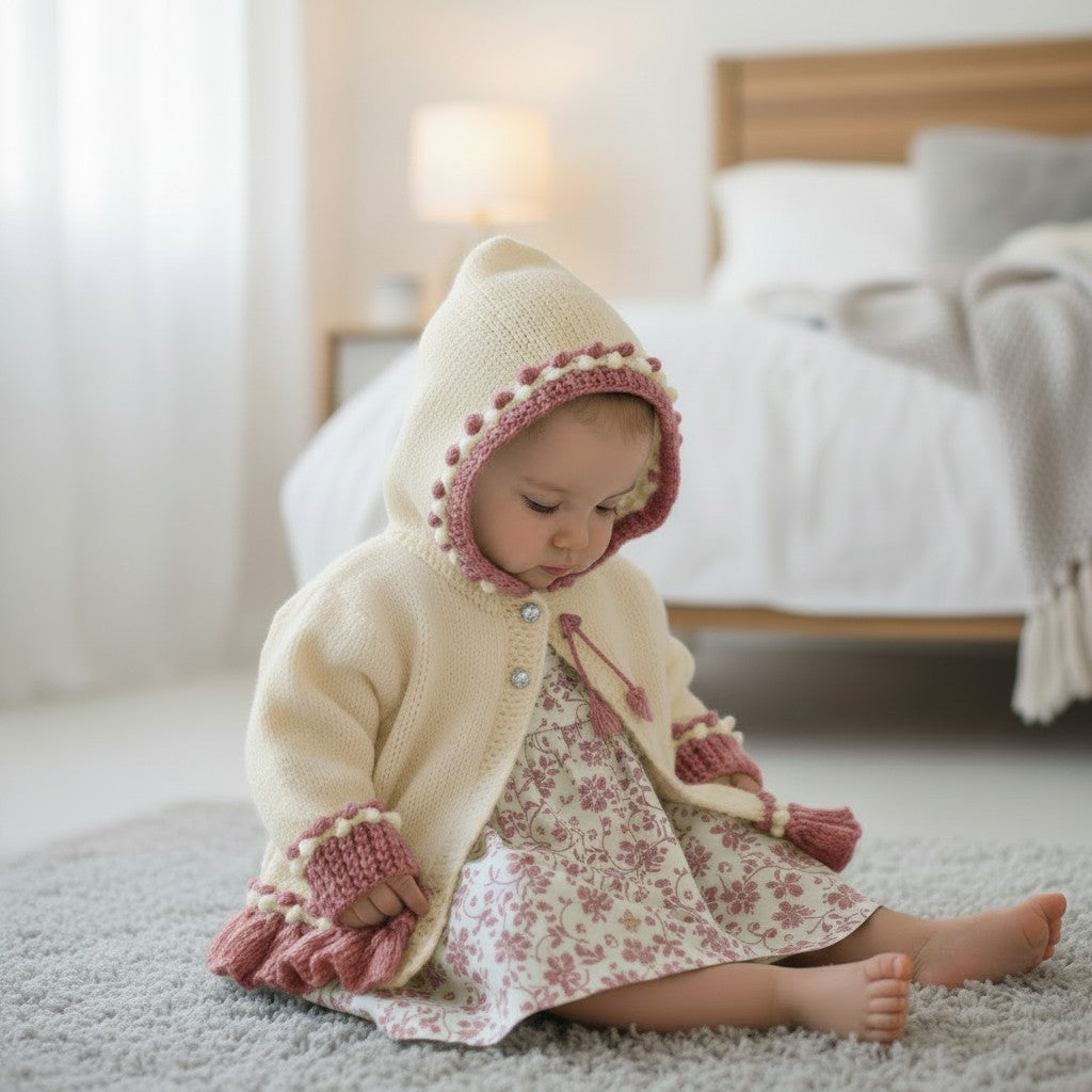 Pretty Baby Girl Hoodie – Frilly Knit Design with Flower Embroidery