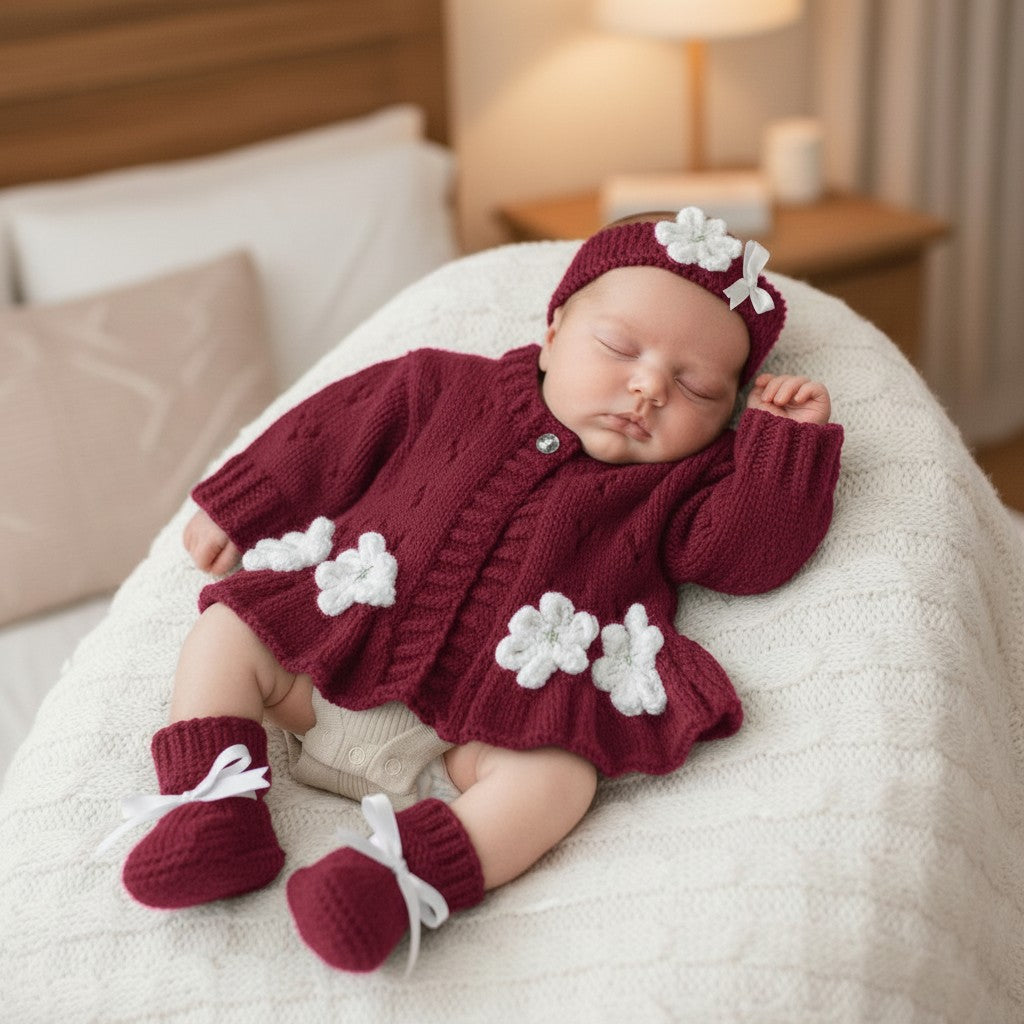 Hand-Knitted Baby Girl Cardigan with Fluted Hem & Flower trim with headband and booties