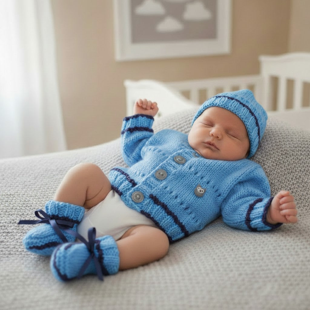 Newborn Baby Cardigan Set with Hat & Booties | Handmade Baby Gift