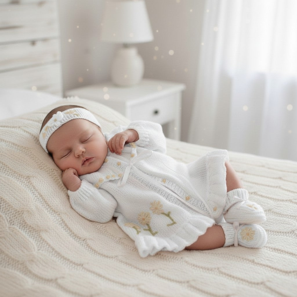 Beautiful Baby Girl Yoke Cardigan with Coordinated Headband & Booties