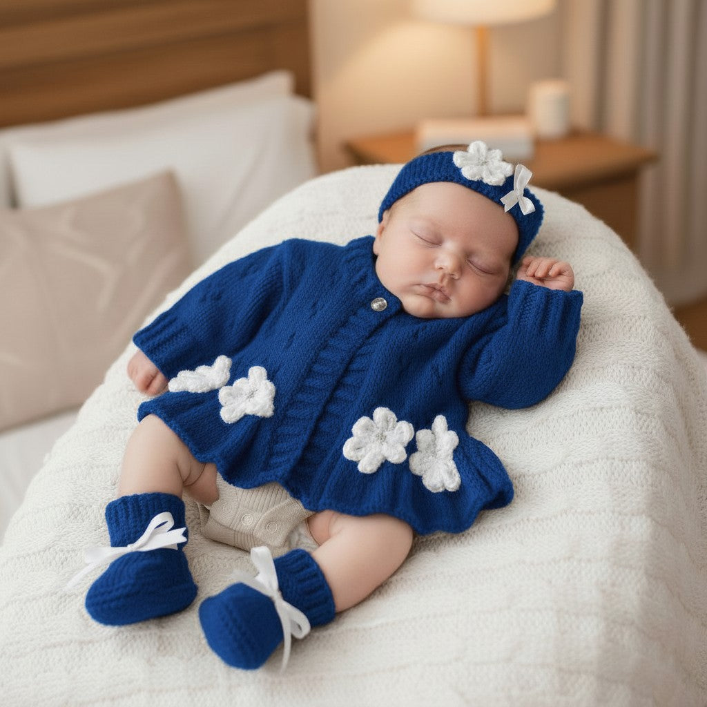 Hand-Knitted Baby Girl Cardigan with Fluted Hem & Flower trim with headband and booties
