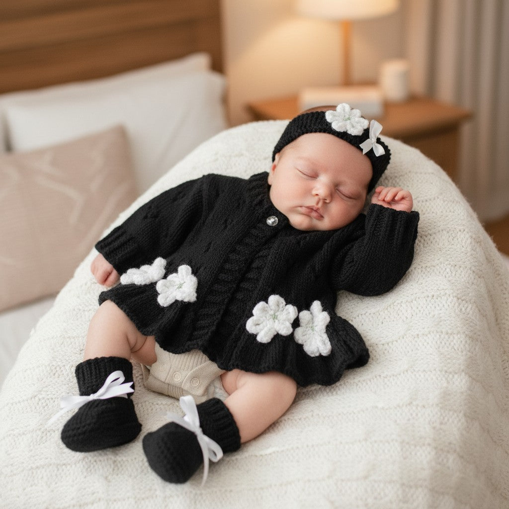 Hand-Knitted Baby Girl Cardigan with Fluted Hem & Flower trim with headband and booties