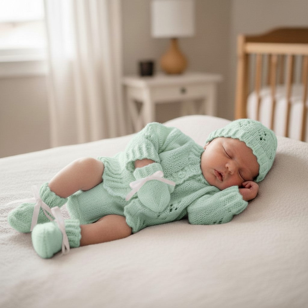 Handcrafted Baby Cardigan with matching hat, mittens & boots  – Perfect for Newborns