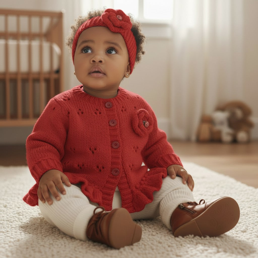 Hand Knitted Girls Cardigan & matching headband knitted flower & ladybird trim