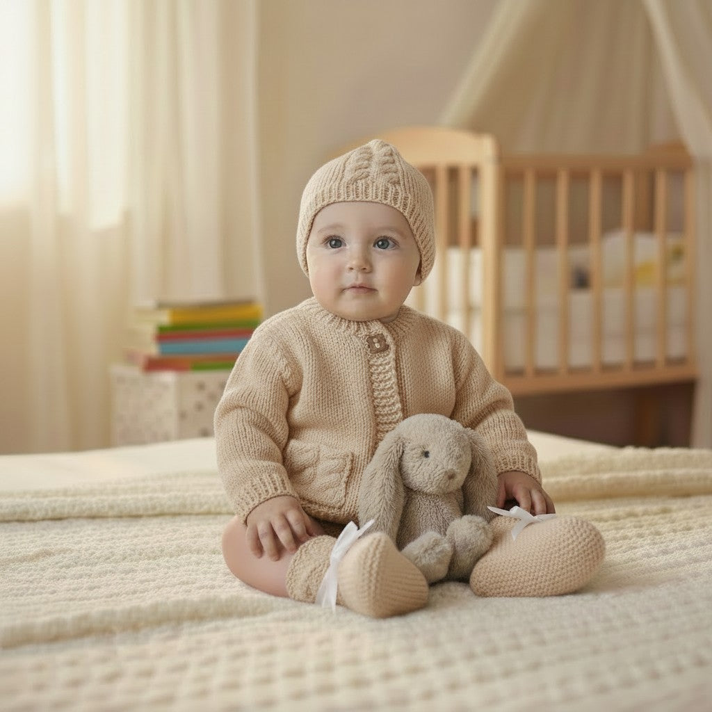 Boys' Cable Design Knitted Cardigan with Matching Hat and Boots – Classic Baby Boy Sweater Set