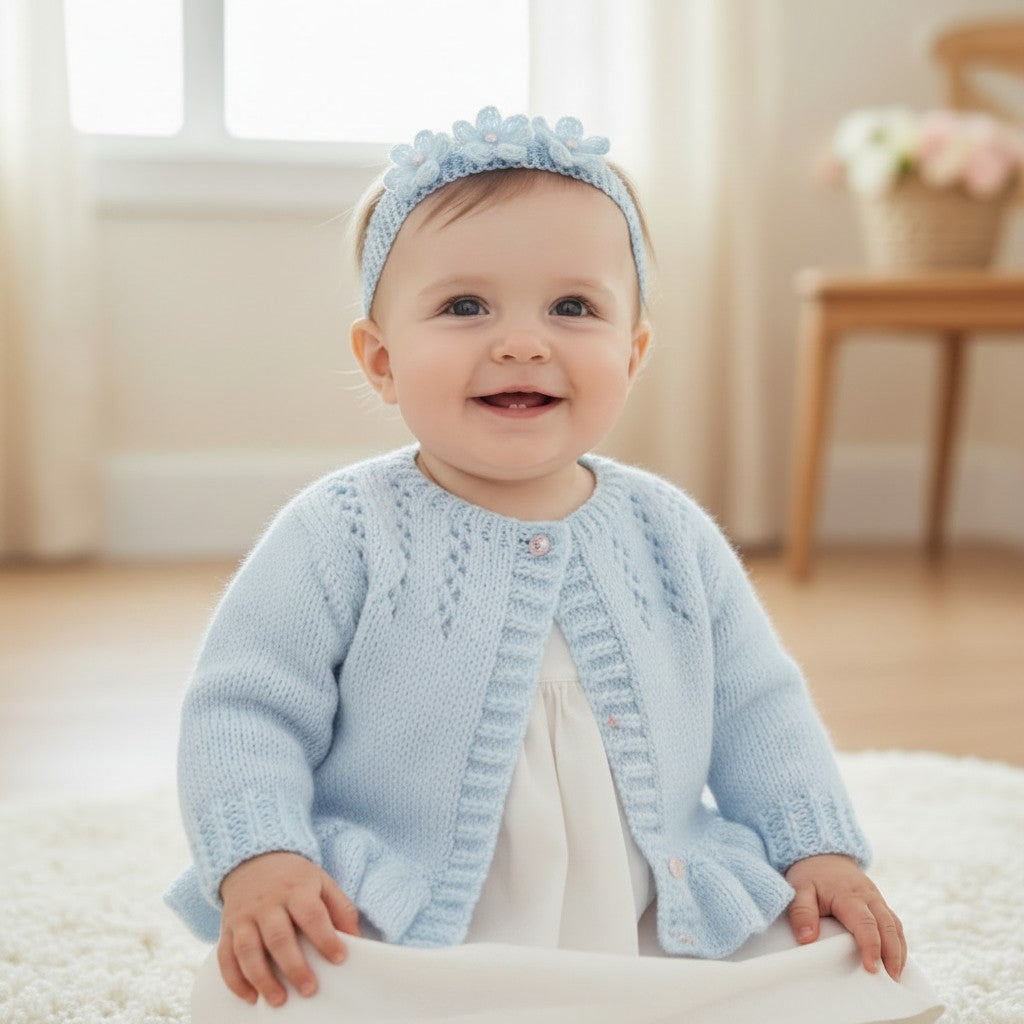 Hand Knitted Pearl-Trimmed Girls Cardigan with Matching Headband – Perfect for Christenings