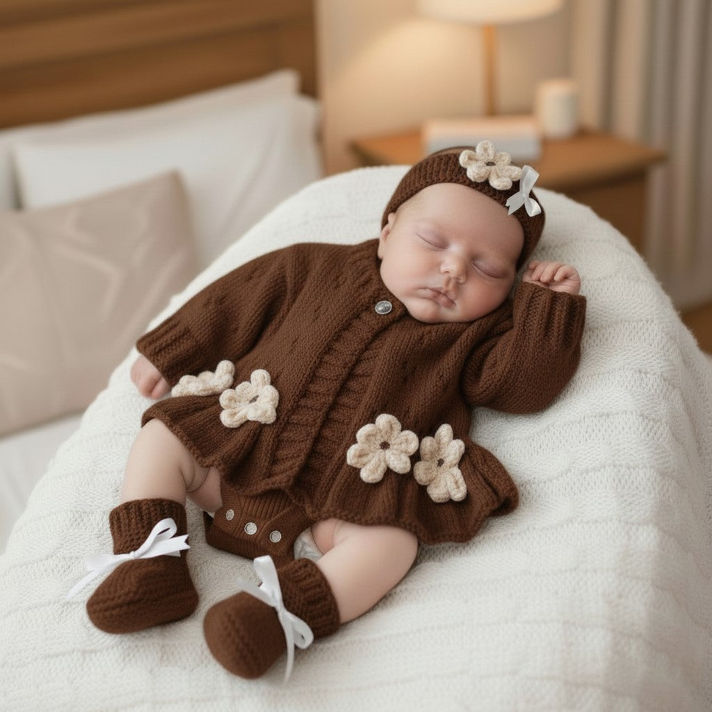 Hand-Knitted Baby Girl Cardigan with Fluted Hem & Flower trim with headband and booties