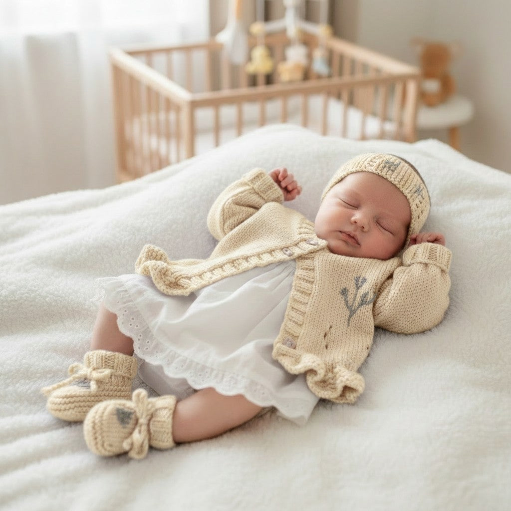 Girls knitted cardigan with matching headband & boots, beautifully embroidered outfit