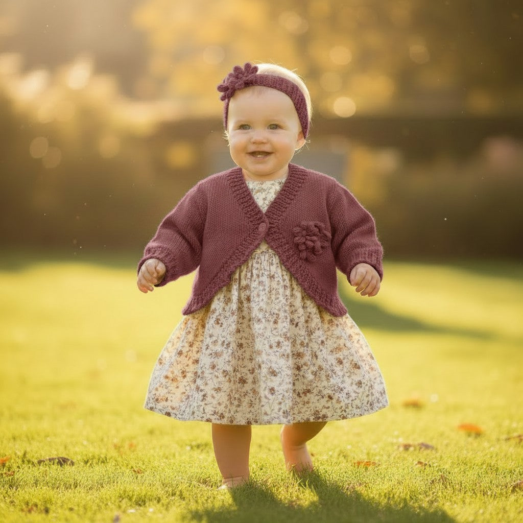 Hand Knitted Bolero Style Girls Cardigan with Knitted Flowers & Matching Headband – Perfect for Spring & Summer
