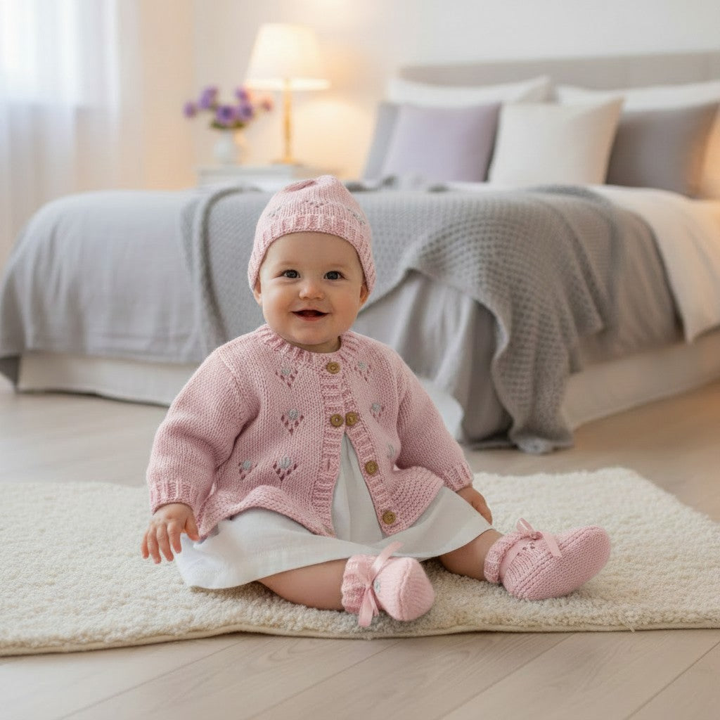 Hand Knitted Baby Girl Outfit with Matching Hat, Mittens & Booties | Embroidered Baby Shower Gift
