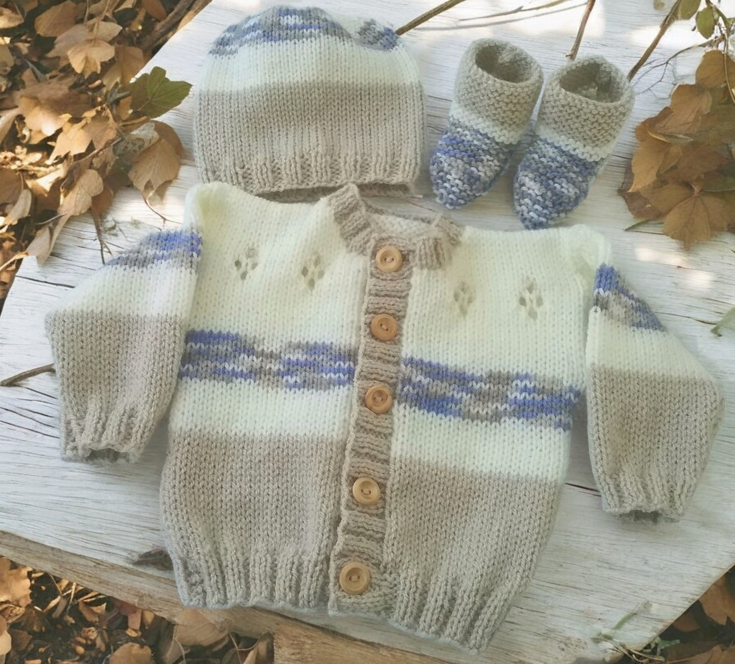 Boys' Star and Stripe Knitted Cardigan with Matching Hat and Boots – Playful Baby Boy Outfit