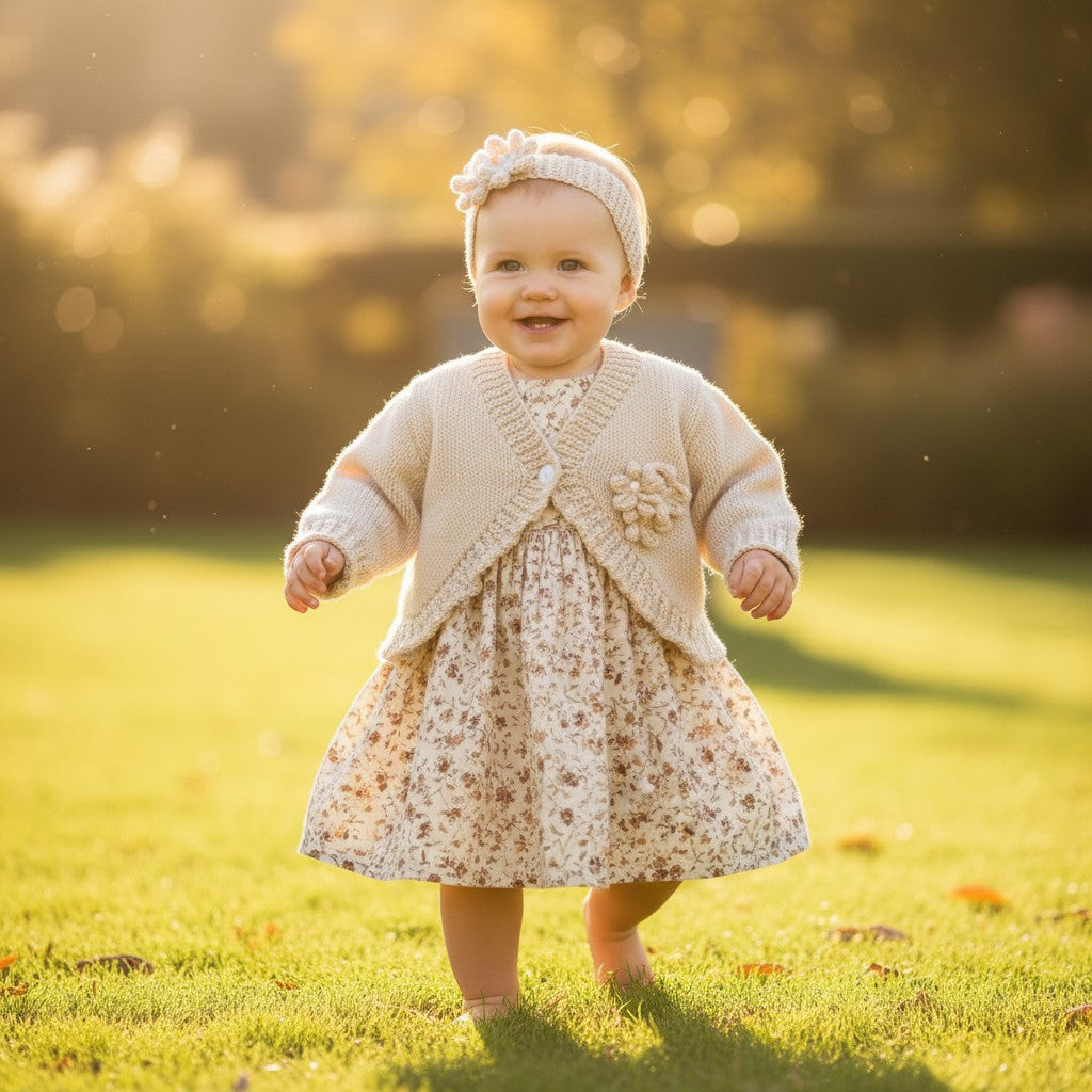 Hand Knitted Bolero Style Girls Cardigan with Knitted Flowers & Matching Headband – Perfect for Spring & Summer