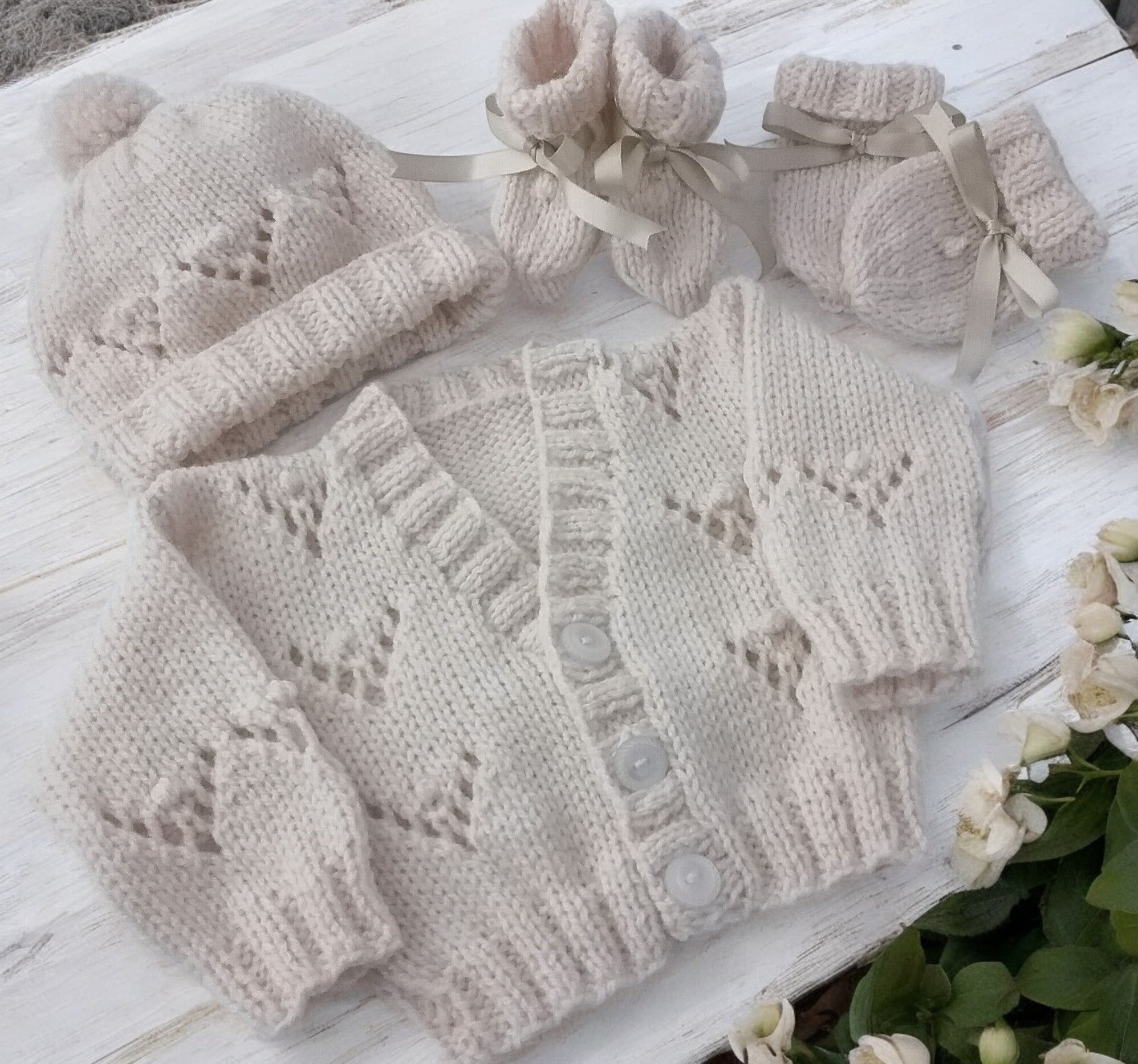 Gorgeous Hand-Knitted Unisex Baby Cardigan with  Matching Hat, Booties & Mittens