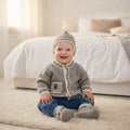 Boys' Knitted Outfit with Pocket and Teddy Bear Button Trim – Hand-Knitted Cardigan, Hat, mittens and Booties Set