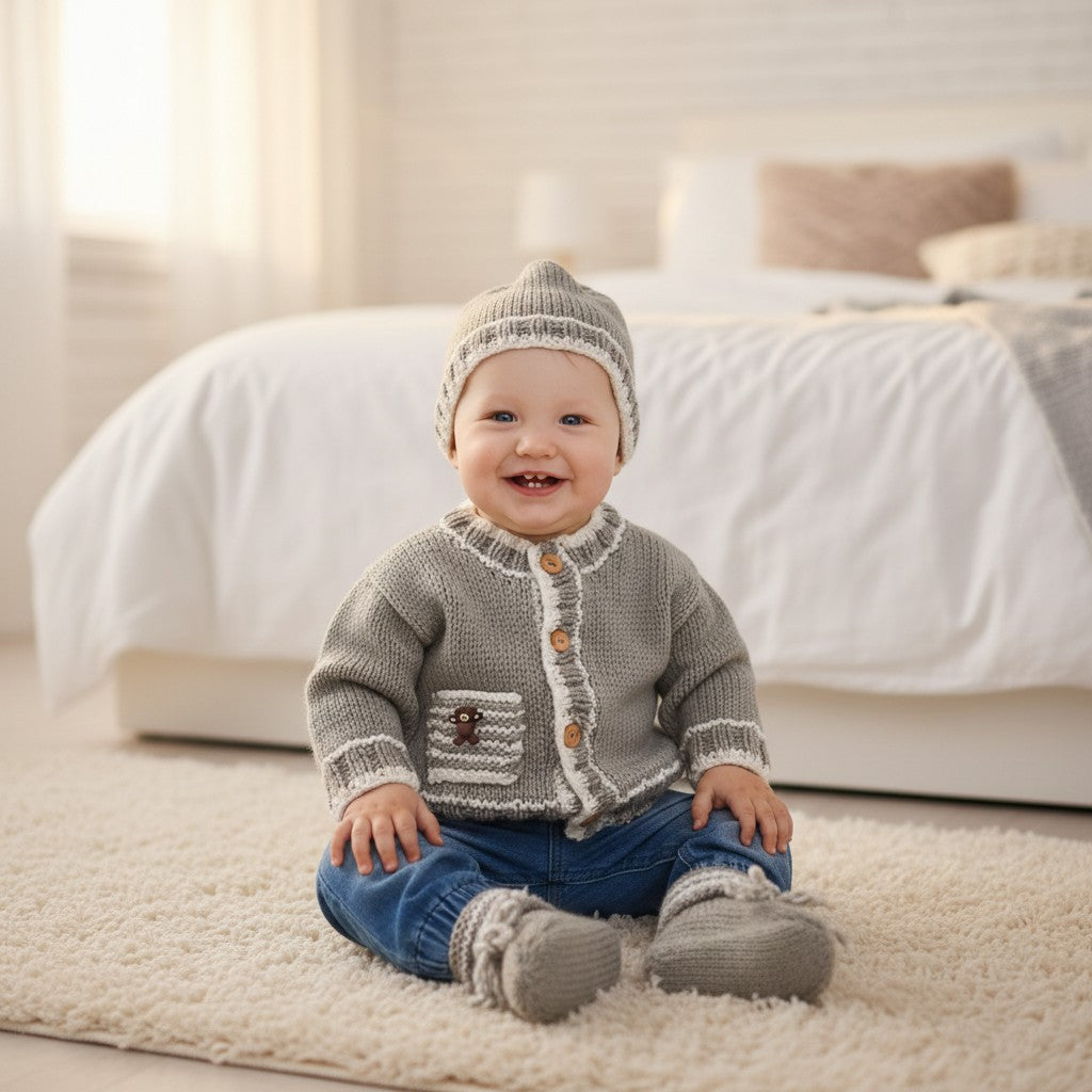 Boys' Knitted Outfit with Pocket and Teddy Bear Button Trim – Hand-Knitted Cardigan, Hat, mittens and Booties Set