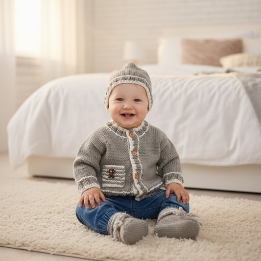 Boys' Knitted Outfit with Pocket and Teddy Bear Button Trim – Hand-Knitted Cardigan, Hat, mittens and Booties Set