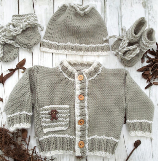 Boys' Knitted Outfit with Pocket and Teddy Bear Button Trim – Hand-Knitted Cardigan, Hat, mittens and Booties Set