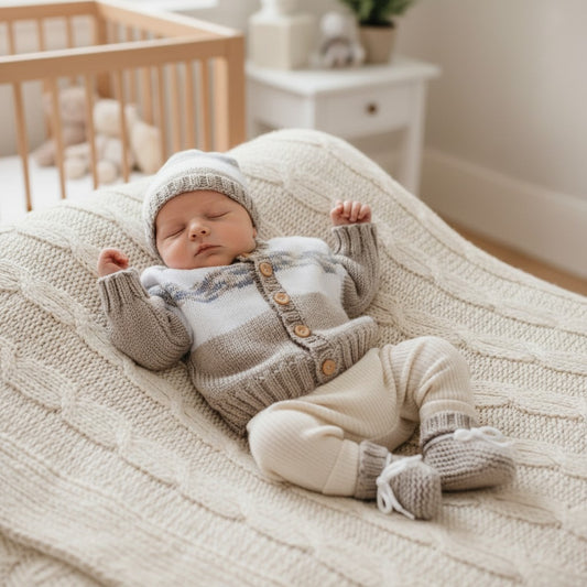 Boys' Star and Stripe Knitted Cardigan with Matching Hat and Boots – Playful Baby Boy Outfit