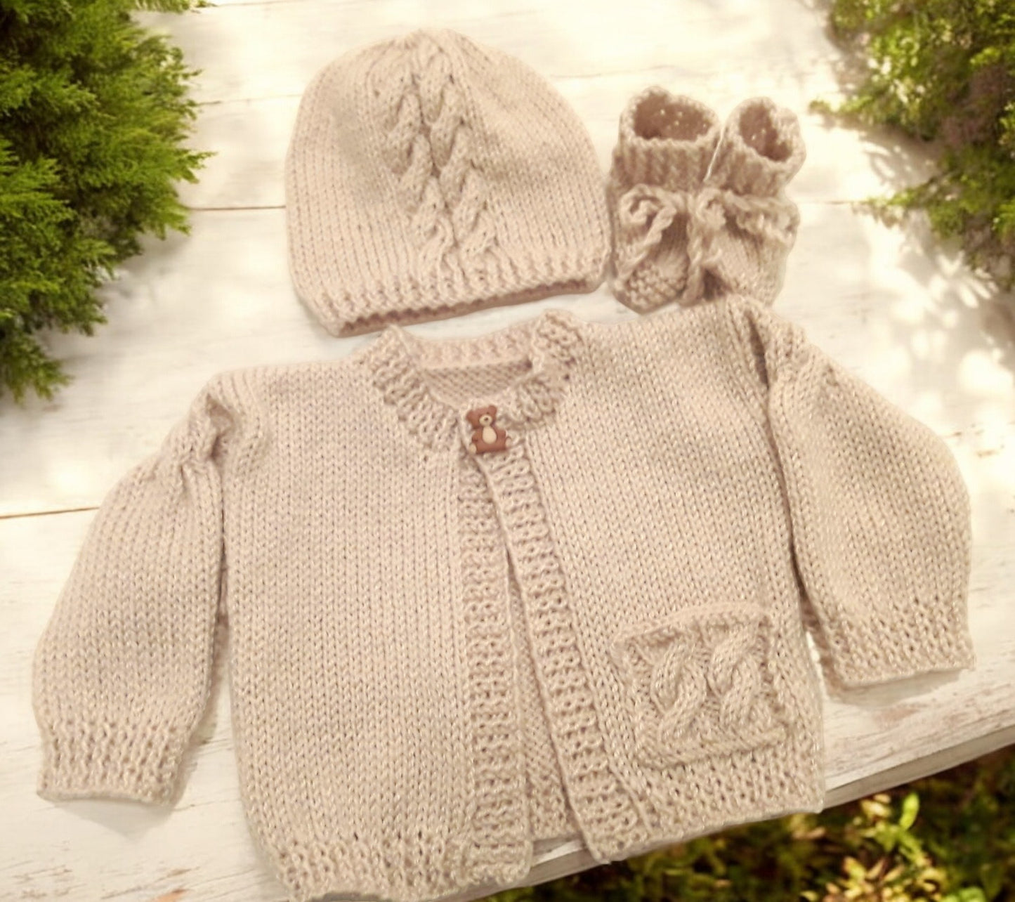 Boys' Cable Design Knitted Cardigan with Matching Hat and Boots – Classic Baby Boy Sweater Set