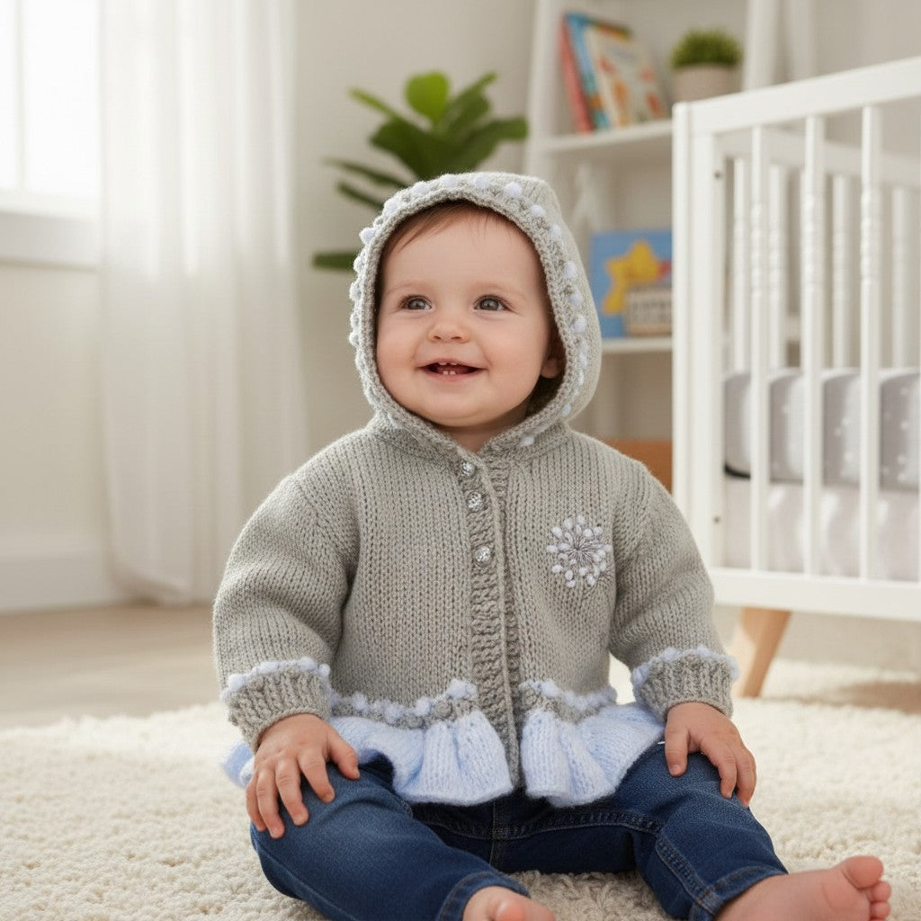 Elegant Frilly Knit Baby Girl Hoodie with Delicate Dandelion Embroidery