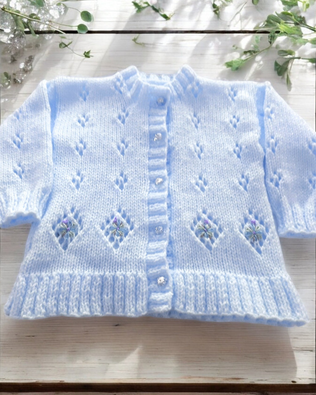 Girls knitted cardigan with diamond lacy design and embroidery