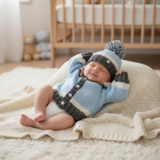 Boys' Block Design Knitted Cardigan – Hand-Knitted Cardigan with Optional Pom Pom Hat