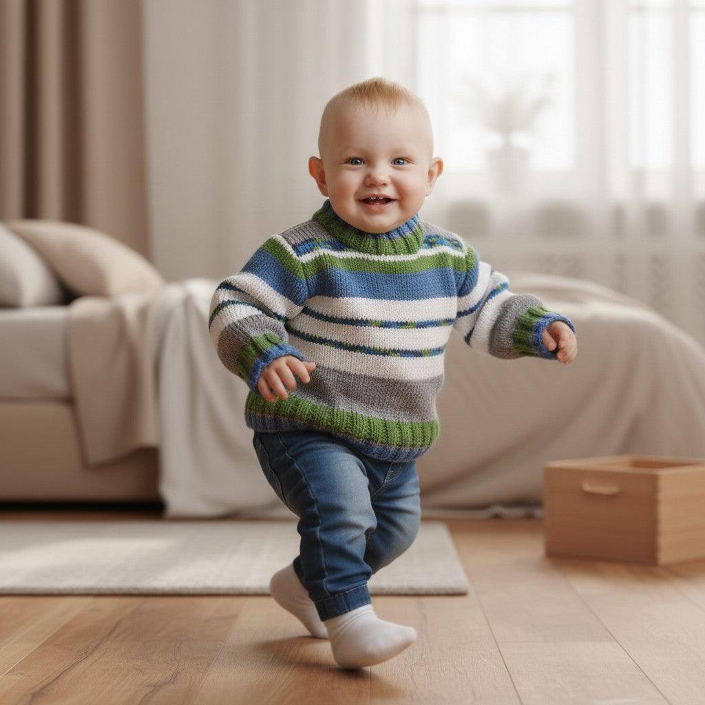 Boys' Knitted Round Neck Stripe Sweater – Hand-Knitted Striped Pullover