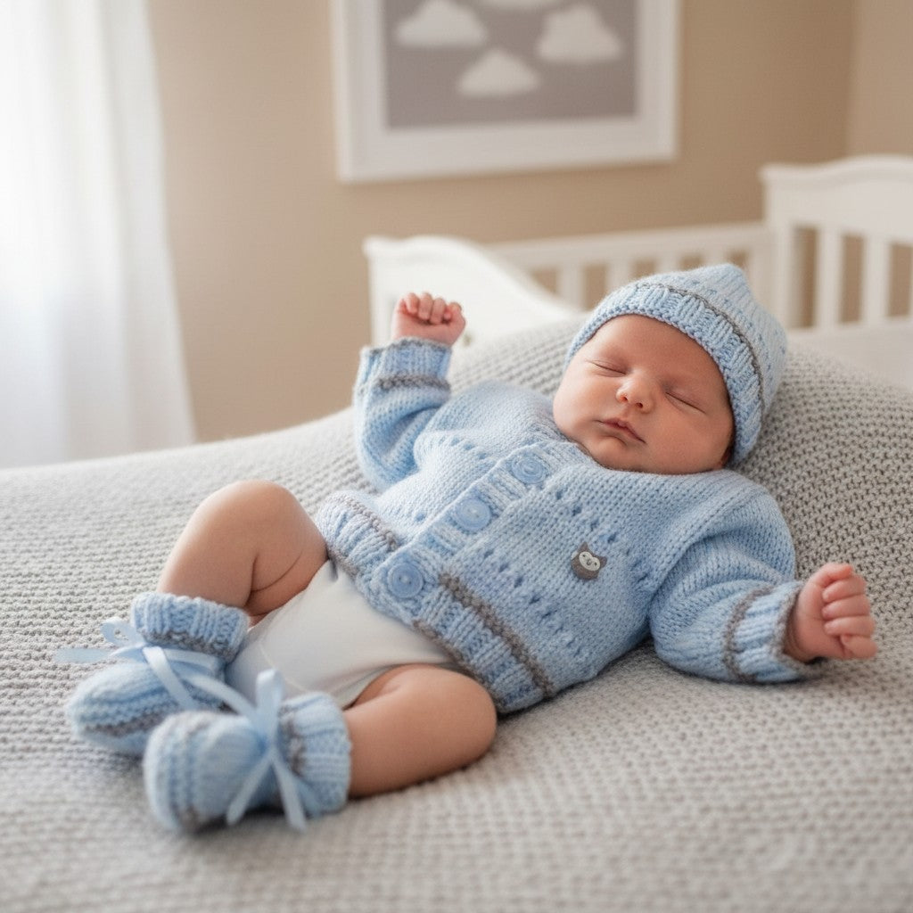 Newborn Baby Cardigan Set with Hat & Booties | Handmade Baby Gift