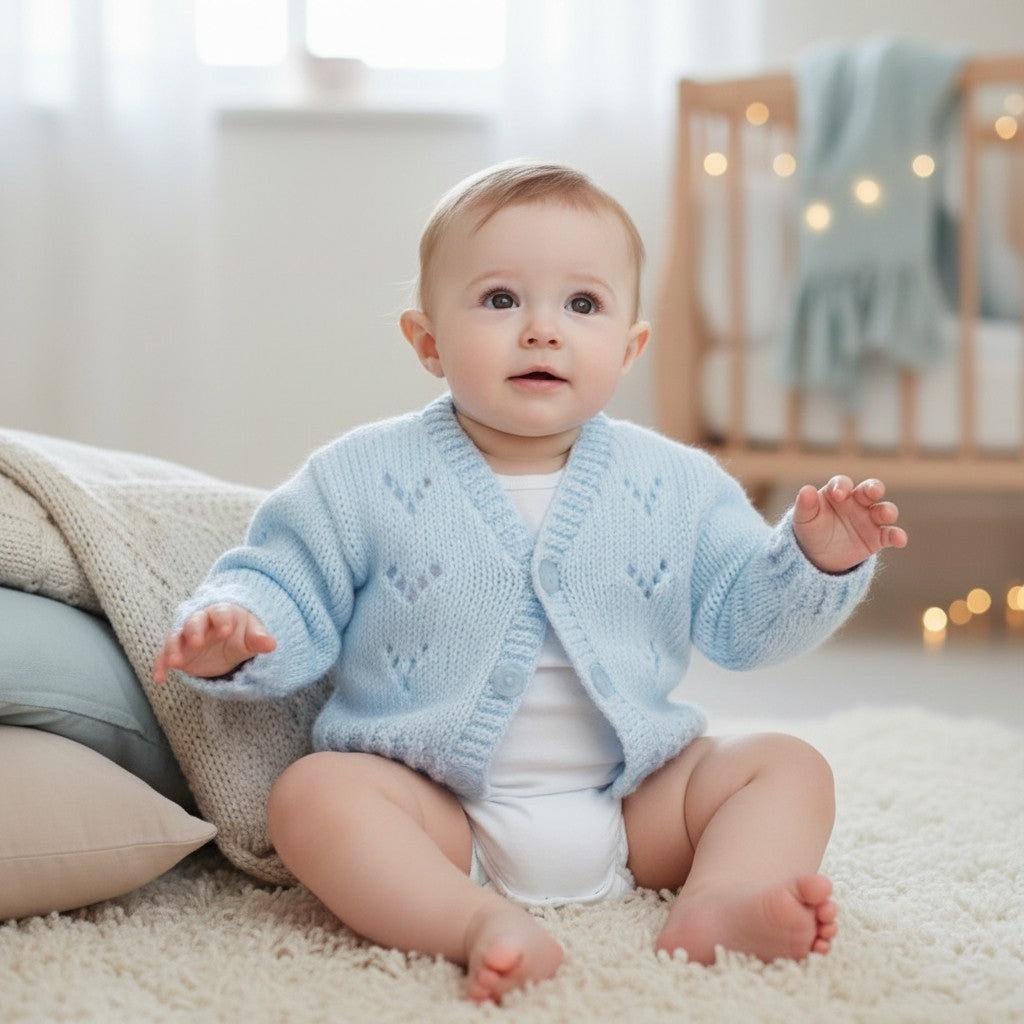 Adorable Knitted Baby Cardigan with traditional design and V neck - Perfect for Little Ones!