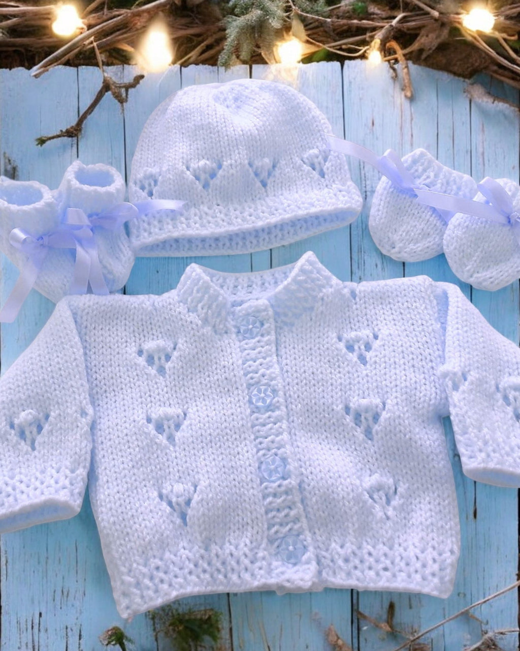 Gorgeous Hand-Knitted Unisex Baby Cardigan with  Matching Hat, Booties & Mittens