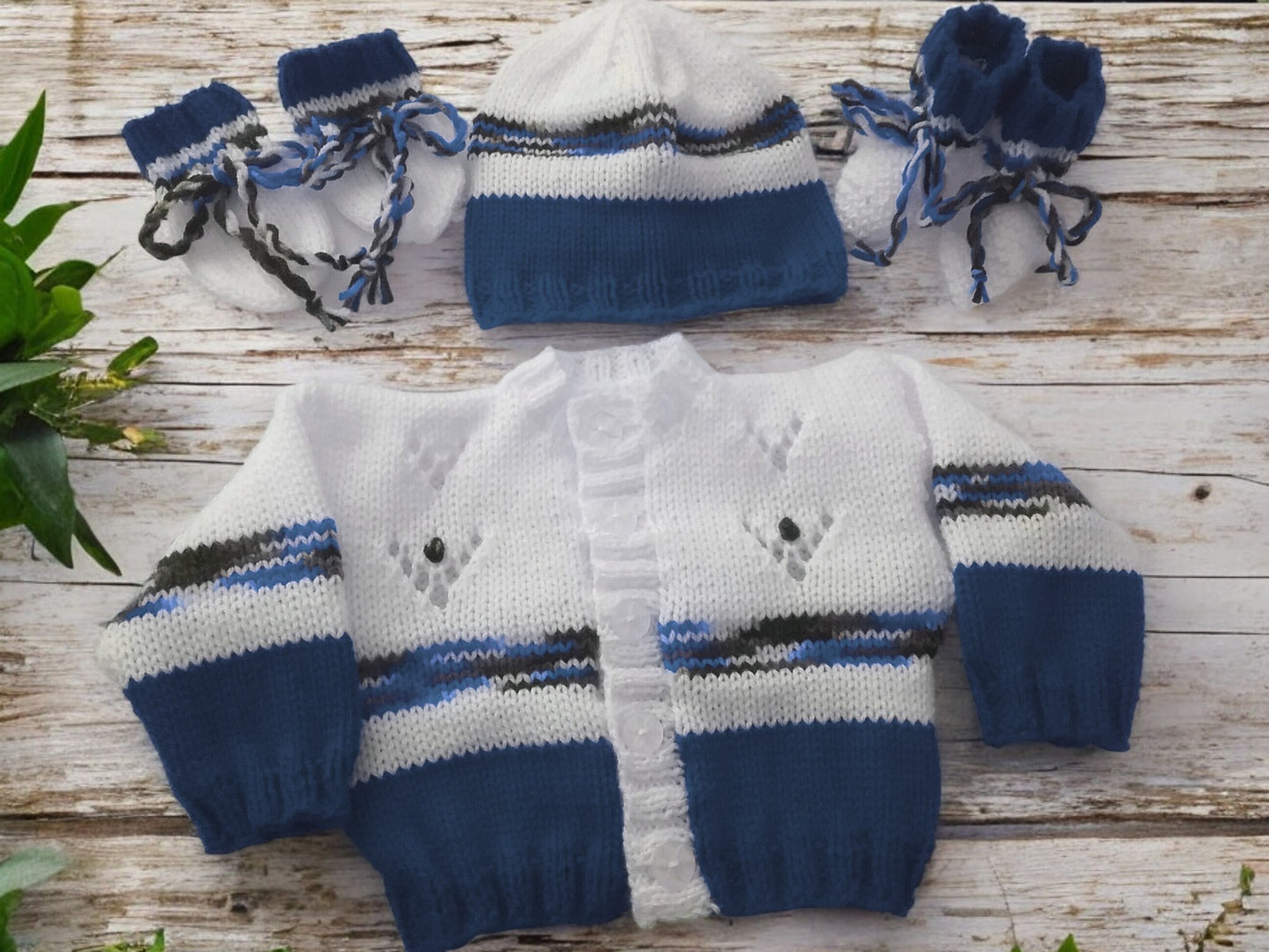 Boys' Star and Stripe Knitted Cardigan with Matching Hat and Boots – Playful Baby Boy Outfit