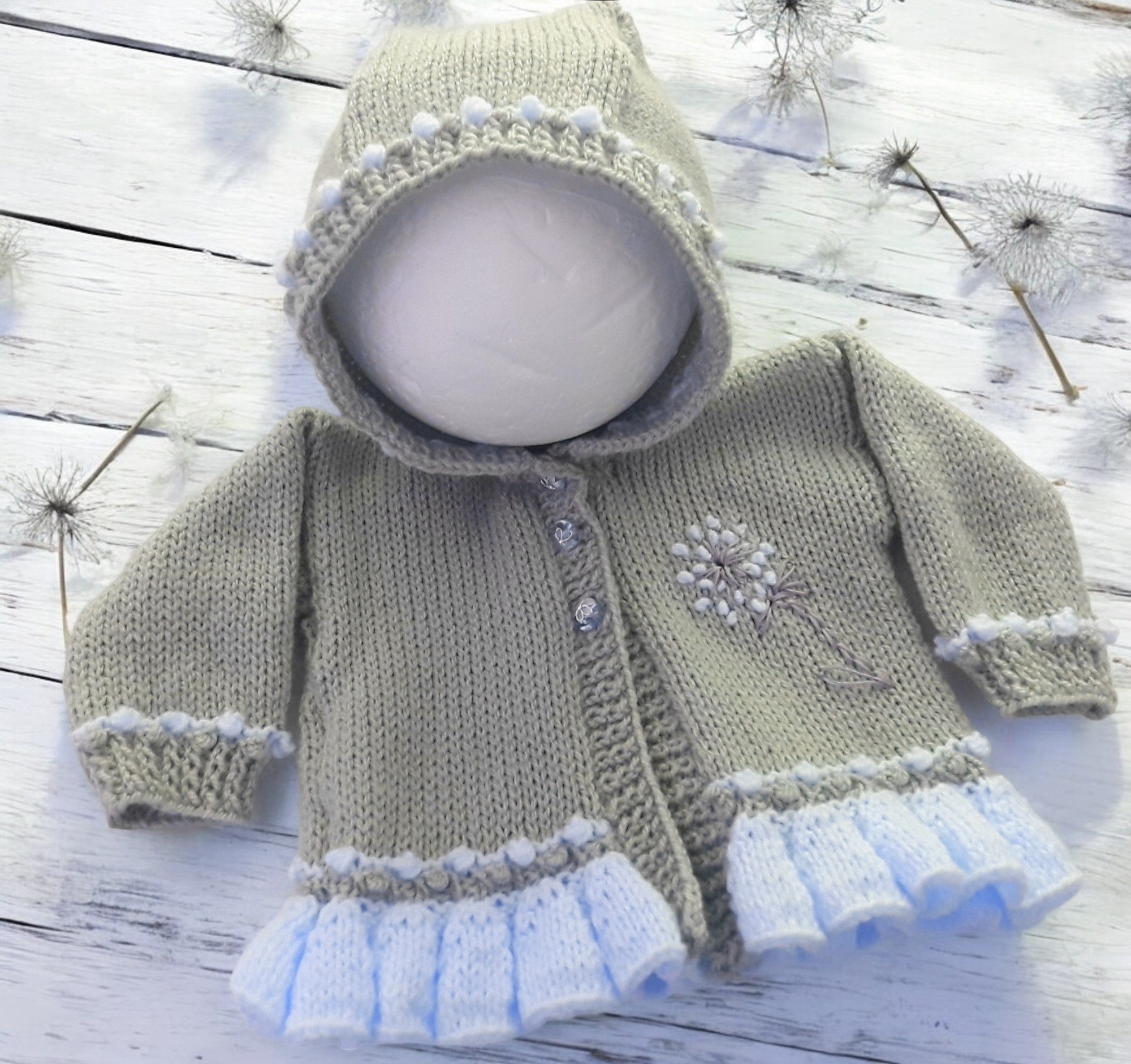 Elegant Frilly Knit Baby Girl Hoodie with Delicate Dandelion Embroidery, silver with your choice of trim colour
