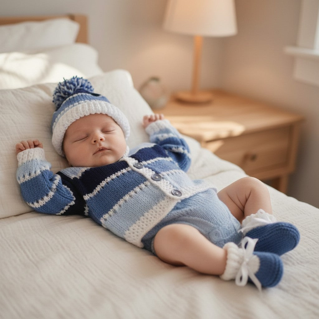 Boys' Knitted Ombre Cardigan Set – Hand-Knitted Cardigan, Hat, & Boots