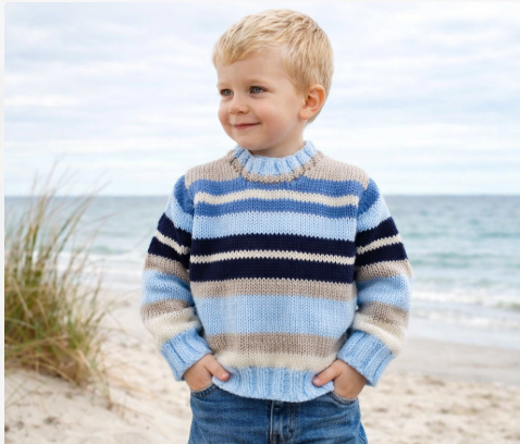 Boys' Knitted Round Neck Stripe Sweater – Hand-Knitted Striped Pullover